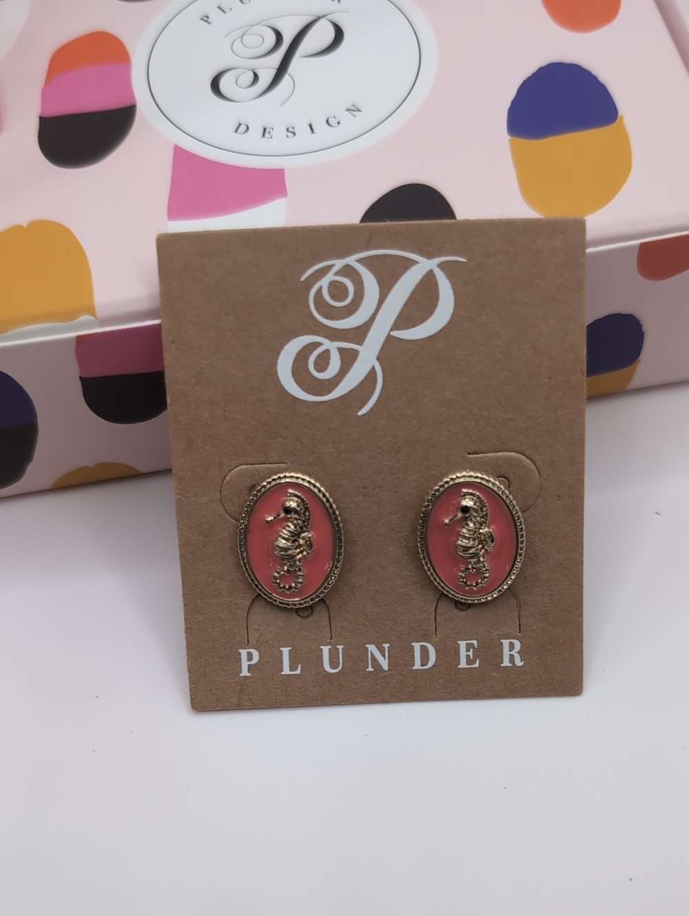 Plunder Gold Seahorse Oval Coral Enamel Stud Earrings New In Box - Picture 5 of 5